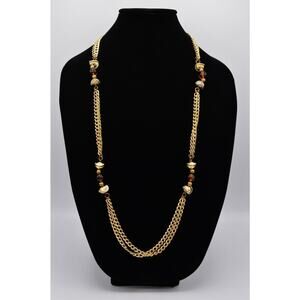 Dauplaise Vintage Necklace Multi-Chain Gold Lucite Amber Beaded Signed 80s BinR